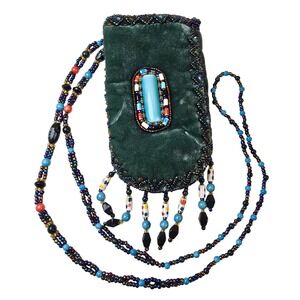 Vintage Boho Beaded Velvet Silk Pouch Bag Turquoise Stone Fringe Beaded Strap